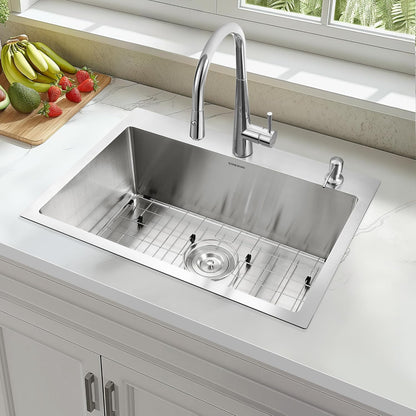 25-Inch Drop-In Kitchen Sink, SINKVINE 25" x 18" Stainless Steel Indoor and Outdoor Sink, Top Mount Large Deep Single Bowl Sink for Laundry Room, with Drain Strainer, Bottom Grid, Roll-up Drying Unit