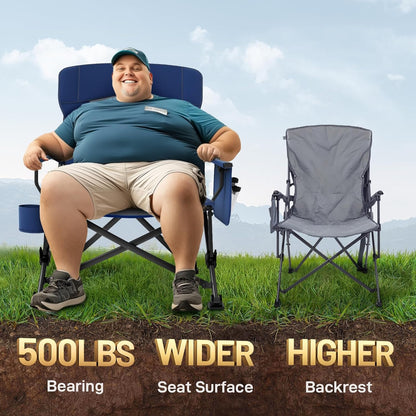 EVER ADVANCED Oversized Folding Camping Chair, for Adults Heavy Duty Lawn Chair with Side Pockets, Portable Collapsible Quad Chair for Outside, Support Up to 500lbs, Blue