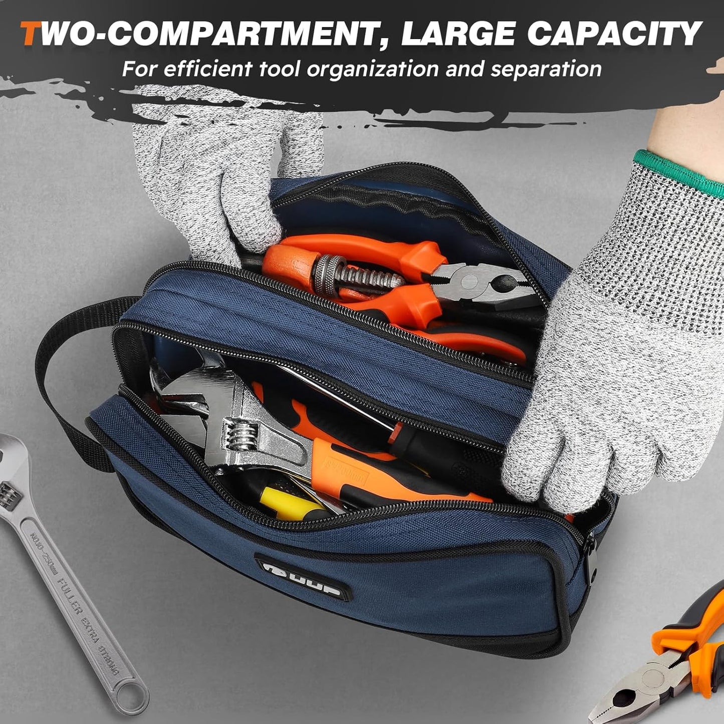 Small Tool Bag 2 Pack, Zipper Tool Pouch Two Compartments, 10 12 inch Utility ToolBag with Carrying Handle, Toolbox Storage Organizer for Electrician Mechanic, Gift for Men Dad, Orange/Blue