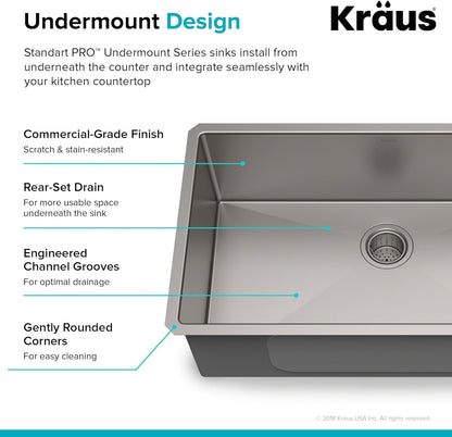 KRAUS Standart PRO™ 32-inch 16 Gauge Undermount Single Bowl Stainless Steel Kitchen Sink with WasteGuard™ Continuous Feed Garbage Disposal, KHU100-32-100-75MB