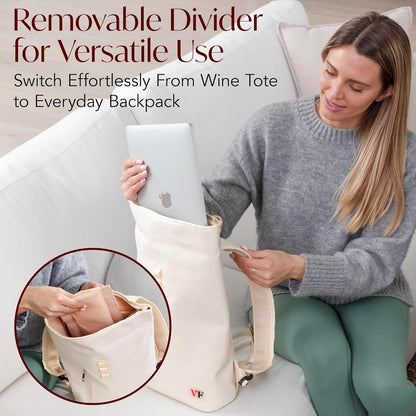 Two Bottle Rolltop Wine Tote Bag – Stylish PU Leather Wine Backpack with Matching Tumblers – Compact & Lightweight Wine Carrier with Padded Straps & Compartments for Travel & Picnics - Beige