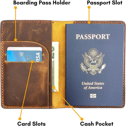 Leather Passport Holder for Men and Women - Handmade Vintage Travel Wallet - Mens Passport Case with Card Organizer - Genuine Leather Passport Cover - 2 Card Slots (Style A)