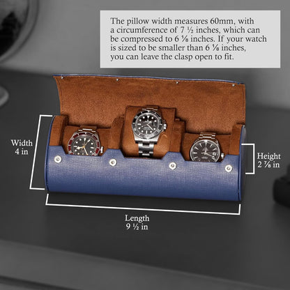 ROTHWELL Watch Roll Travel Case for 3 Watches | Tough Portable Protection, Fits All Wrist Watch & Smart Watches Up to 50mm (Blue/Tan)