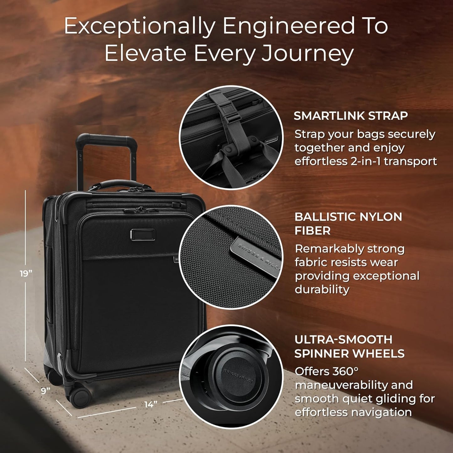 Briggs & Riley Compact 19" Carry-On Expandable Spinner - Carry On Luggage for Travel, Suitcases with Wheels, Softside Rolling Bag for Men & Women, Garment Panels - Baseline Collection, Black