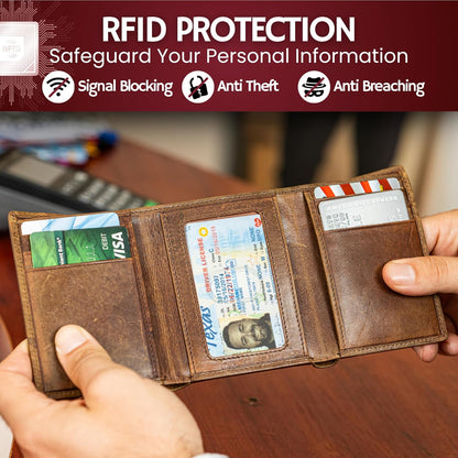 BULL GUARD Best Leather Men's RFID Trifold Wallet With ID Great Outdoor Wallet