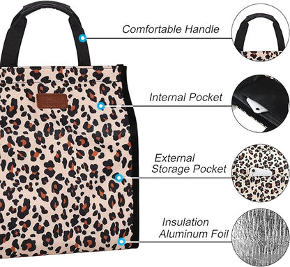 Lunch Bags for Women Insulated Reusable Lunch Tote with Internal Pocket, Lunch Tote bag for Work(Leopard)