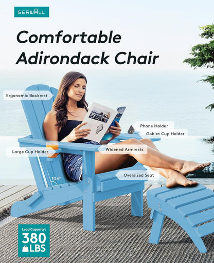 SERWALL Adirondack Chair with Cup Holders - Composite Adirondack Chairs HDPE Outdoor Chairs All Weather Use- Light Blue