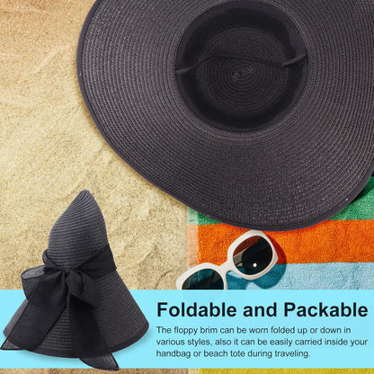 DRESHOW Beach Hats for Women Big Straw Wide Brim Summer Hat Floppy Foldable Roll up Cap Sun Hat UPF 50+