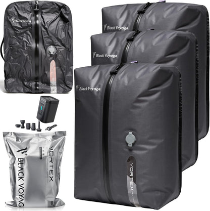 Black Voyage Reusable Vacuum Compression Travel Bag for Carry-On Suitcase and Backpack, Recycled IP67 Waterproof Space Saver Vacpack (3-Pack, 18L - Pump Included)