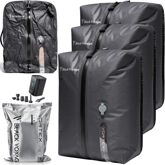 Black Voyage Reusable Vacuum Compression Travel Bag for Carry-On Suitcase and Backpack, Recycled IP67 Waterproof Space Saver Vacpack (3-Pack, 18L - Pump Included)