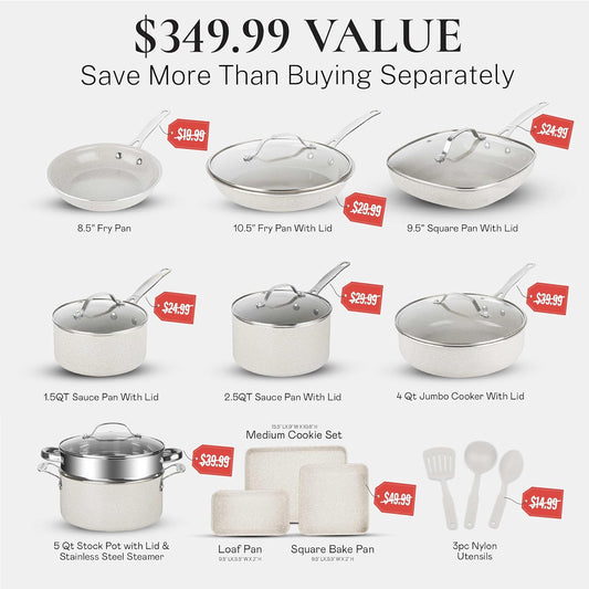 Granitestone 20 Pc Ceramic Cookware Set Nonstick, Complete Pots and Pans Set Non Stick for Kitchen with Bakeware, Cooking Utensils & Steamer, Non Toxic Made Without PFOA PFOS, Oven & Dishwasher Safe