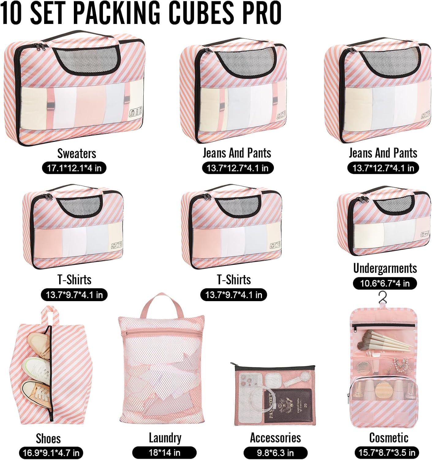 Veken 10 Set Packing Cubes for Travel Essential, Suitcase Organizer Bags in 4 Sizes, Carry-On Luggage Accessories with Large Laundry & Hanging Toiletry Bag, Must-Have for Airplane, Road Trip & Camping
