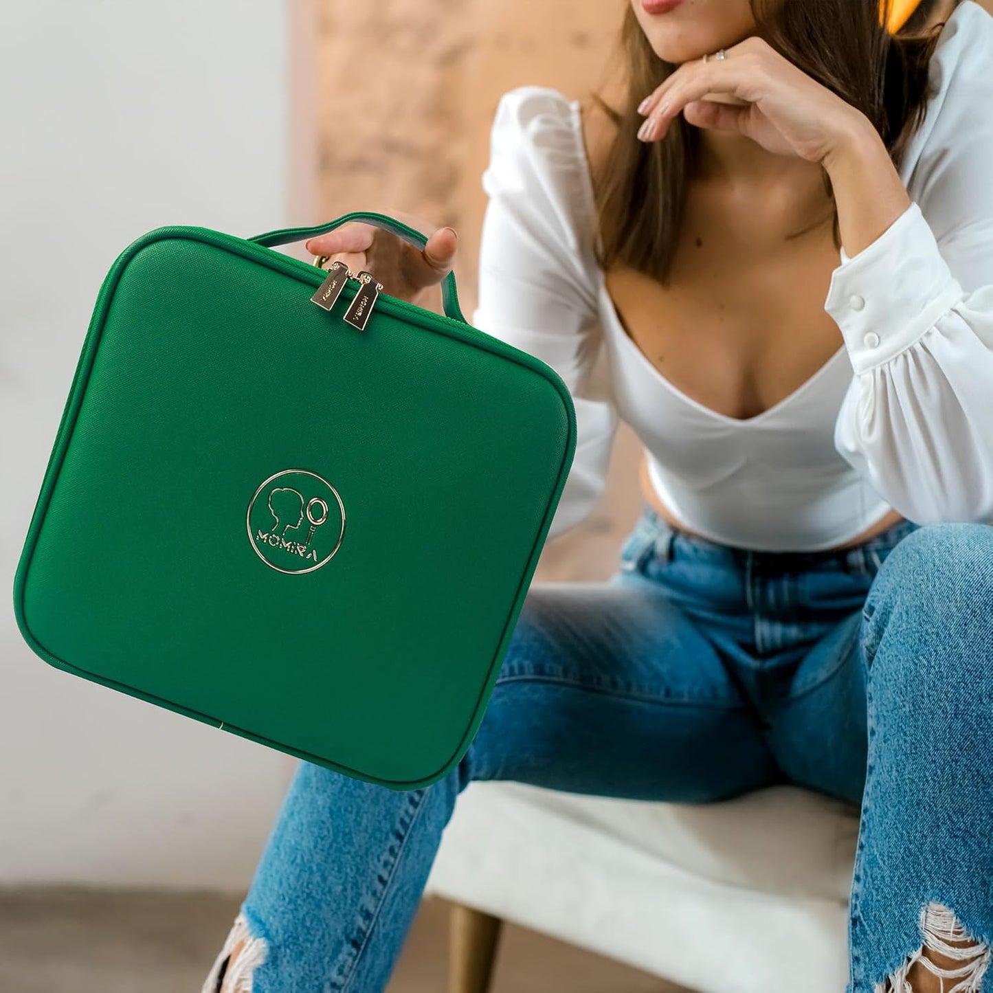 MOMIRA Travel Makeup Bag Cosmetic Bag Makeup Organizer Bag with Lighted Mirror, Adjustable Brightness in 3 Color Scenarios, Waterproof Makeup Train Case, Gift for Women - Emerald Green