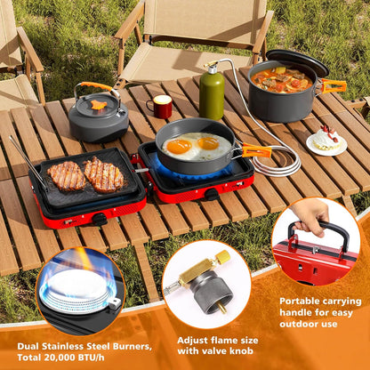 Portable 2 Burner Camping Stove Set with Cookware, 20,000 BTU/h, Outdoor Cooking Kit Includes Outdoor Folding Gas Stove, Frying Pan, Griddle, Kettle, Pot, and Carry Bag, For Propane & Butane