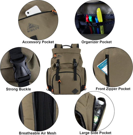 Kelty Hiking Backpacks 23 L Canvas Travel Laptop Backpack for Men Women, 18" Business Work Rucksack College Computer Bag (Olive Travel Pack)