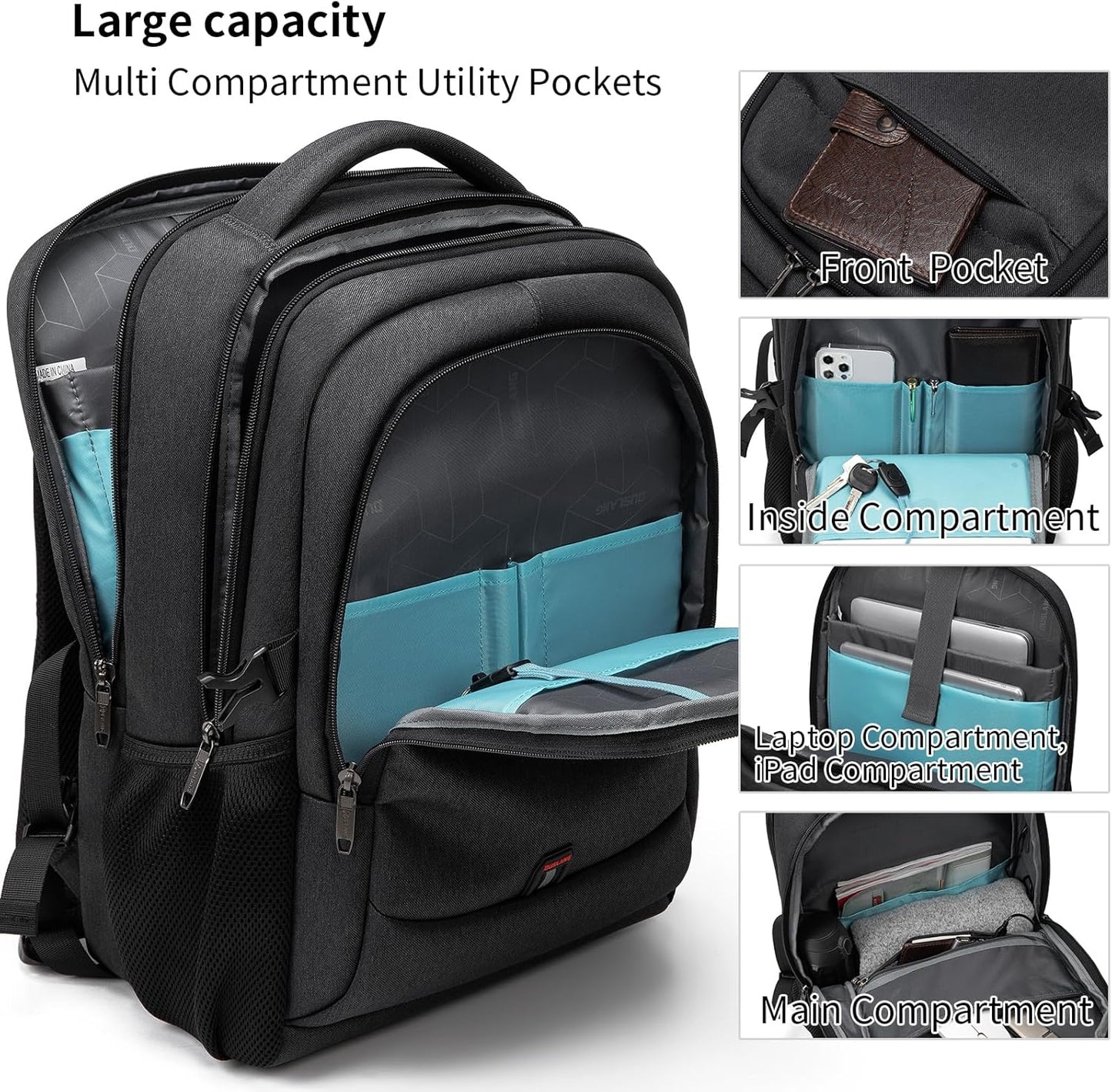 DUSLANG 17 Inch Laptop Backpack for Travel Water Resistant College Backpack for Men/Women Laptop Bag with USB Charging Port and Red TSA lock,Black