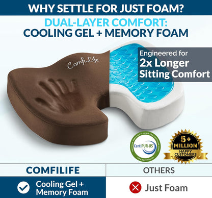 ComfiLife Premium Gel & Memory Foam Seat Cushion – Doctor Recommended Office Chair Cushion, Car Seat Cushion – Chair Cushions for Back & Sciatica Pain Relief – Seat Cushions for Office & Desk (Brown)