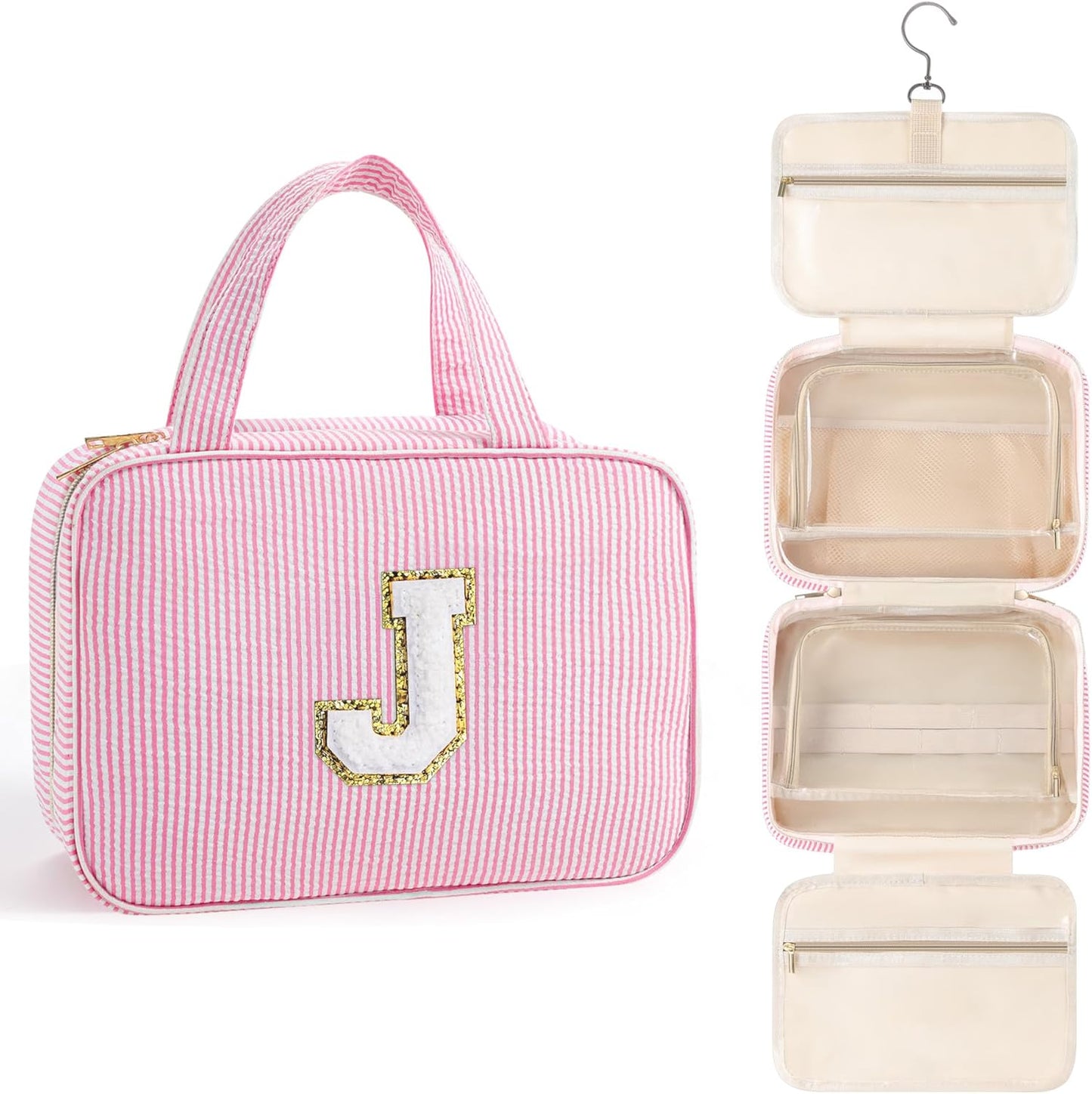 TOPEAST Travel Toiletry Bag Makeup Bag - Hanging Toiletry Bag for Women, Portable Toiletries Travel Bag and Cosmetic Bag, Airplane Travel Essentials Travel Toiletry Bag - Letter J, Pink