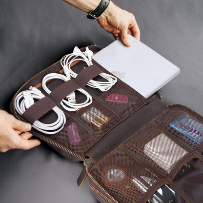 Polare Full Grain Leather Travel Cable Organizer Case Double Layer Electronics Accessories Carry Bag with YKK Zippers Tech Storage Bag for Cables, Power Bank, USB, SD Card