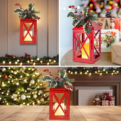 Christmas Lanterns Decorative Outdoor, Waterproof 14.2" Decorative Christmas Red Lantern Indoor Decor Metal Hanging Candle Holder LED Flameless Candle Lantern for Patio, Porch, 2 Packs
