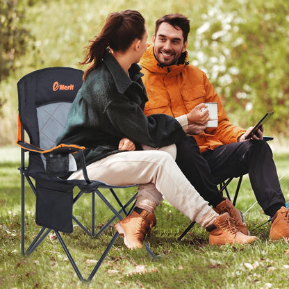 EMERIT 2 Pack Oversized Padded Camping Chair, 350LB Heavy Duty Quad Fold Chair with Arms, Collapsible Outdoor Chairs with Lumbar Back & Cup Holder