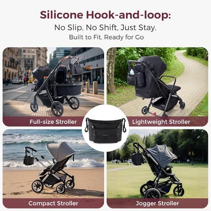 Momcozy Universal Stroller Organizer | Minimalist Caddy with 2 Insulated Bottle Holder | Silicone Anti-Slip Straps | Detachable Mini Pouch | Durable Dense-Weave, Fits for UPPAbaby/Doona & More