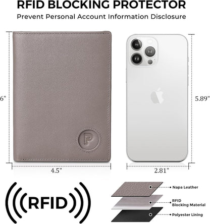 Polare Luxury RFID Blocking Leather Passport Holder Travel Wallet For Men and Women (Grey with AirTag Slot)