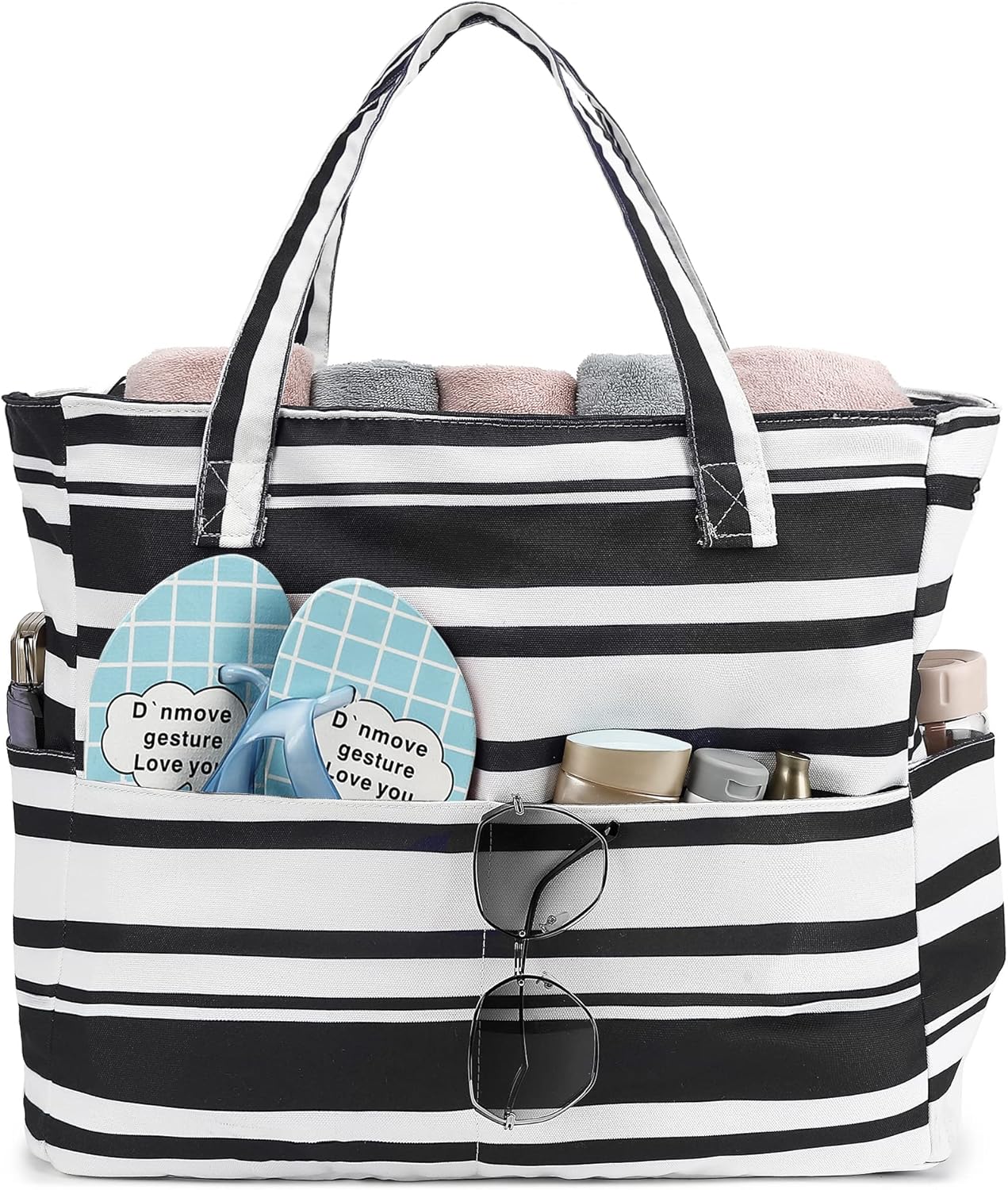 LEDAOU Large Beach Tote Bag Women Waterproof Sandproof Zipper Beach Tote Bag for Pool Gym Grocery Travel with Wet Pocket
