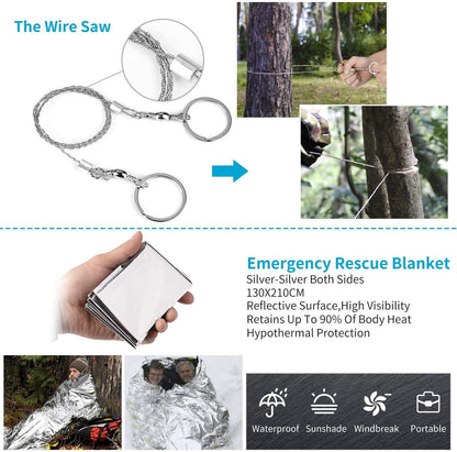 Survival Gear Kits Outdoor Survival Gear Tool for Trip,with Fire Starter, Whistle, Wood Cutter, Tactical Pen for Camping, Hiking, Climbing for Wilderness/Trip/Cars/Hiking/Camping
