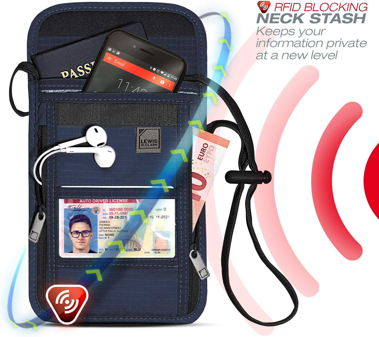 Lewis N. Clark RFID Blocking Stash Neck Wallet, Travel Pouch + Passport Holder for Women & Men, Navy, One Size