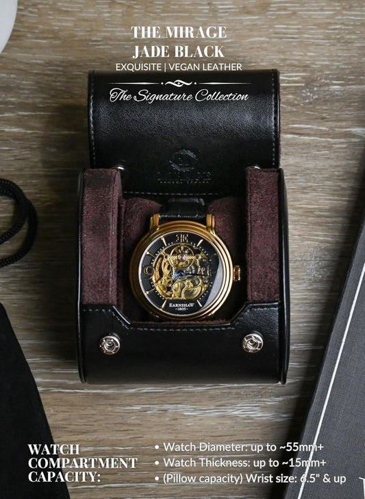 Single Watch Roll Travel Case - Watch Travel Case - Jade Black with Mahogany Interior- Swiss Motif Vegan Leather