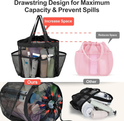 F-color Mesh Shower Caddy Portable with Drawstring - Upgrade Deeper 7 Pockets Dorm Room Essentials for Guys Girls with S Hook, Shower Bag Basket Tote for College Camping Bathroom, 2 Pack Black