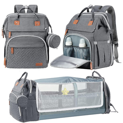 DERJUNSTAR Baby Diaper Bag Backpack with ChangingStation-Large Capacity Baby Bag for Boys & Girls, USBCharging Port, Pacifier Case, sunshade & Toy Bar,Waterproof， Pale Grey