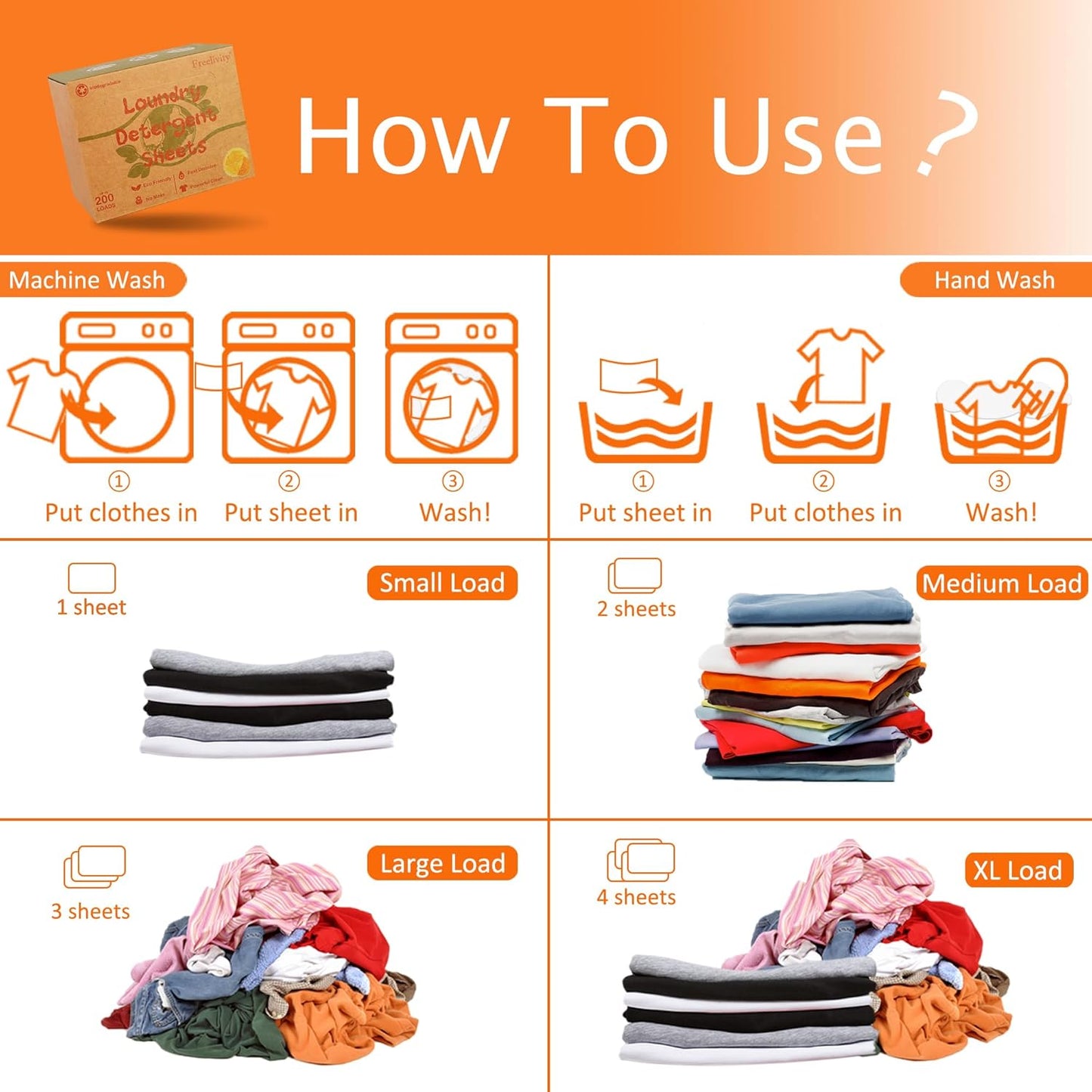 Freelivity Laundry Detergent Sheets, 300 Sheets Lemon Orange - Eco-Friendly Hypoallergenic Plastic-Free LiquidLess Clothes Washing Detergent Supplies for Save Space Travel Camping