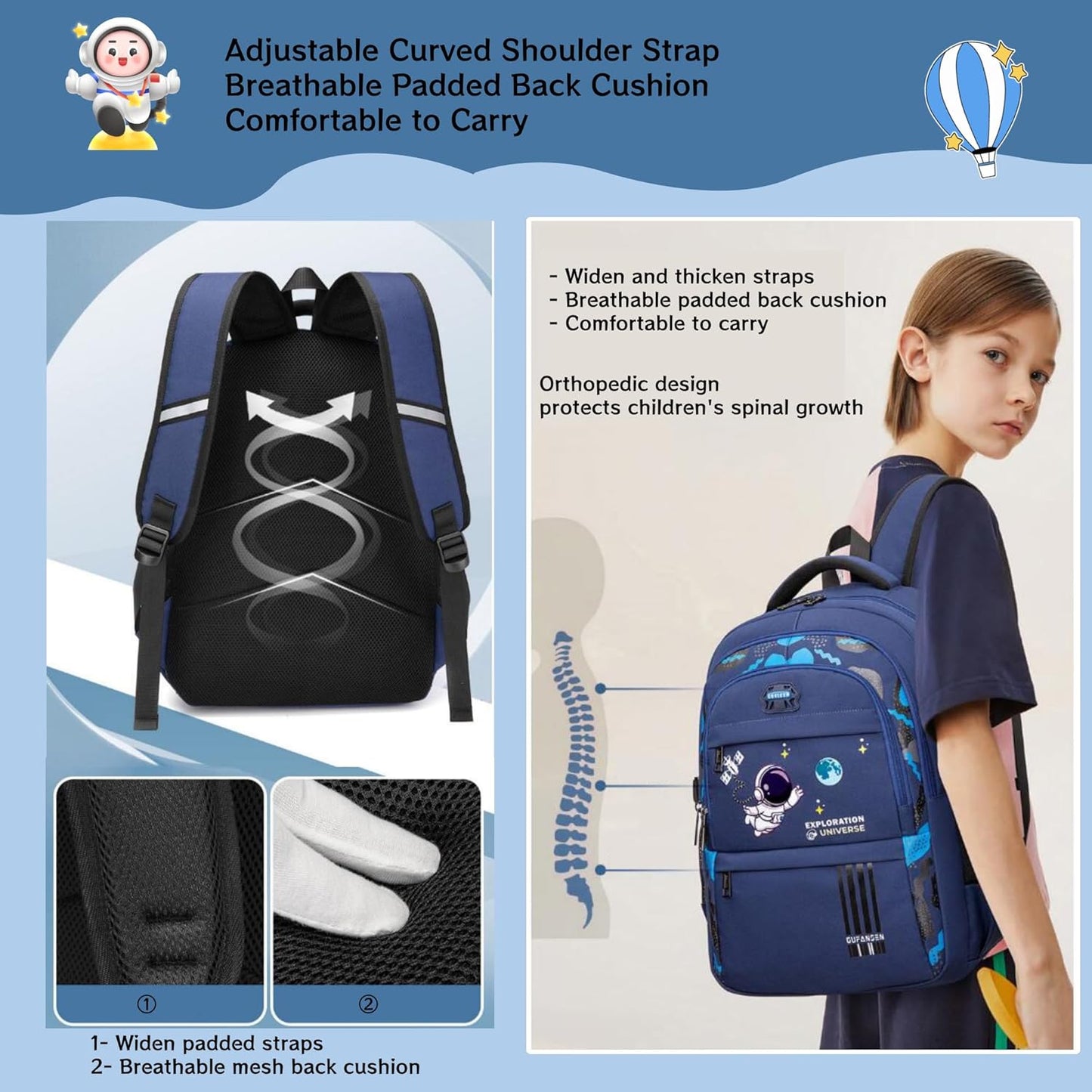 MITOWERMI Astronaut Backpack for Boys School Bags Space Kids Backpack for School Elementary Book Bags Girls Lightweight Travel Back Packs Black