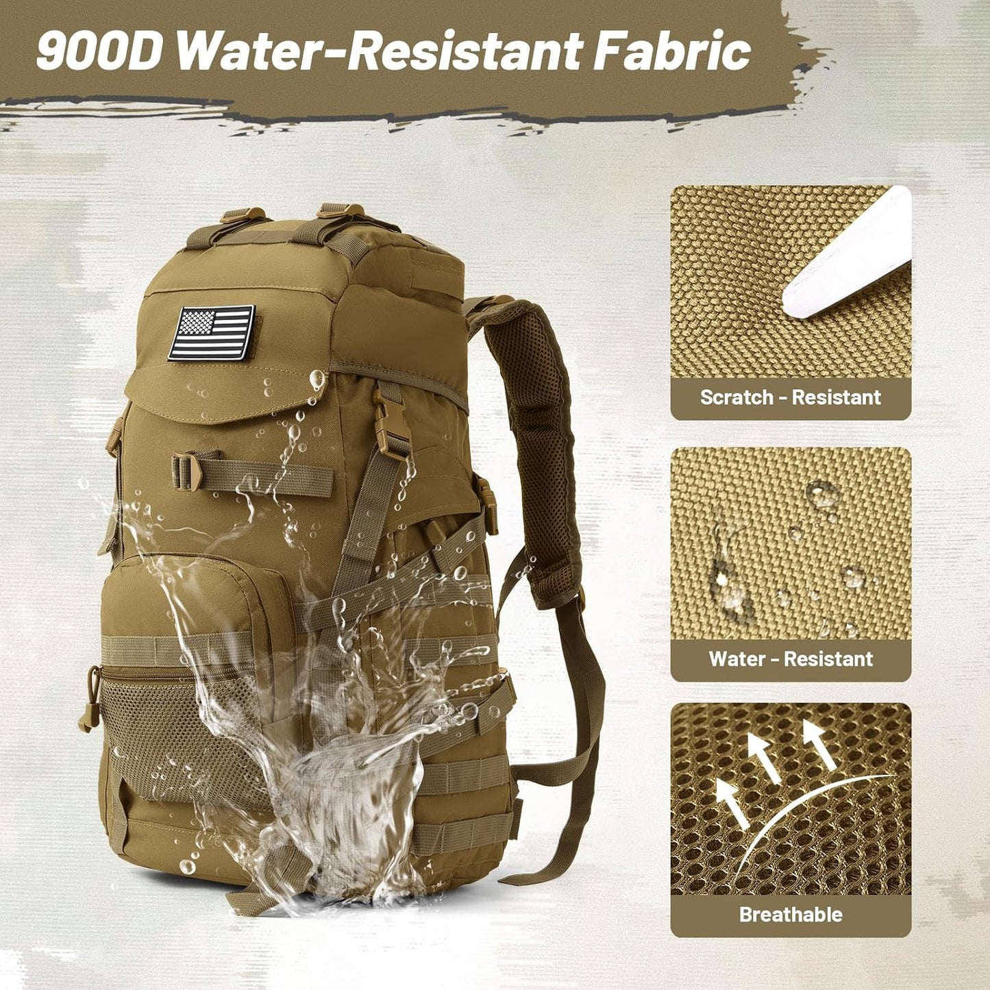 50L Tactical Backpack for Men and Women, Water-Resistant Molle Rucksack, Large Military Assault Pack for Hiking, Hunting, Camping, Gym & Outdoor Survival Khaki