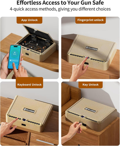 BILLCONCH Gun Safe for Handgun - Biometric Pistol Safe 4 Ways Quick Access with Fingerprint/Full-digital Keypad/Key/APP Lock and Security Cable for Nightstand Bedside Home - Limited Gold