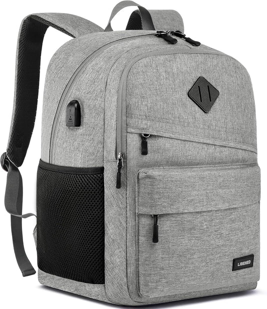 School Backpack for Teen Boys and Girls, with 17.3 inch Laptop Sleeve, Large Computer Bag Mochila with 2 Compartments, Ergonomic Straps, Grey