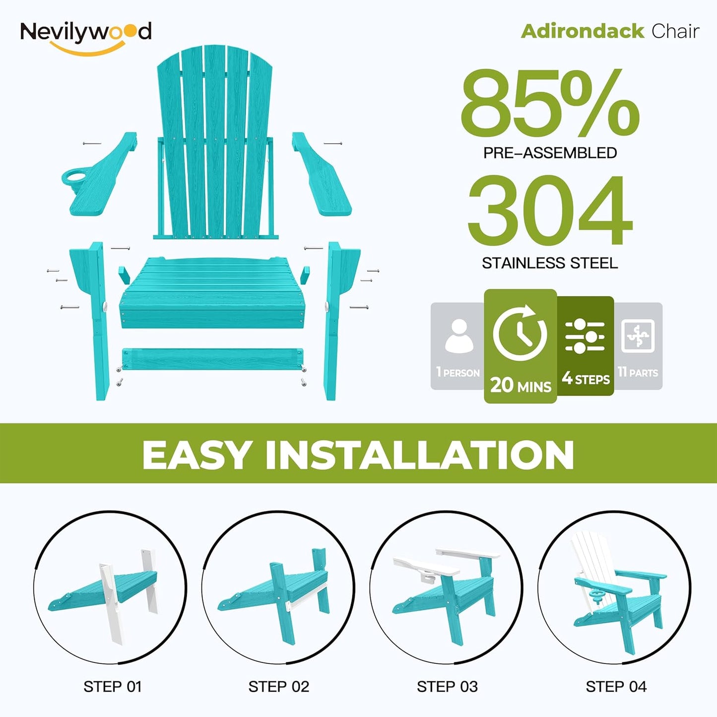 Folding Adirondack Chair - Extended Ergonomic Backrest, Cup Holder - Easy Assembly - Durable HDPE Plastic, Weather Resistant & Maintenance-Free - Lawn, Patio, Deck Supports 380lbs Aruba