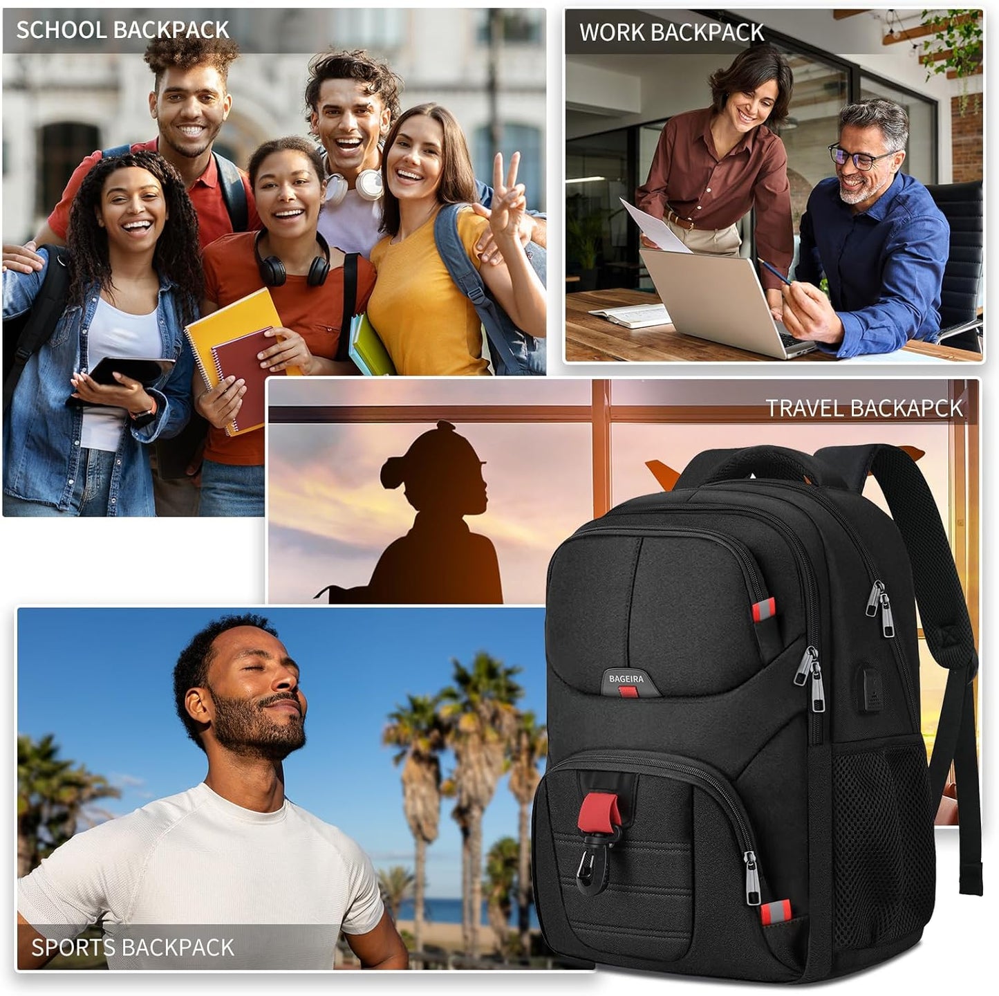 Black Backpack for Men Women, School Backpack for Boys Girls Teens, Backpacks for School, College Back Pack, Book Bag, Water Resistant Bookbag, Business Work Travel mochilas para hombres