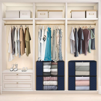Fab totes 4 Pack Clothes Storage, Foldable Thick Fabric Blanket Storage Bags, Containers for Organizing Bedroom, Closet, Clothing, Comforter,Closet Organization with Handle,Blue