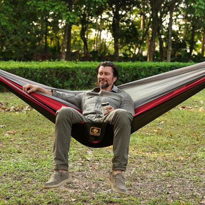 Camping Hammock, Portable Hammocks with Mosquito Net,Lightweight Nylon Parachute Hammock with 10ft Tree Straps,Camping Gear Must Haves for Travel Hiking Backpacking Beach Patio-Black&Red