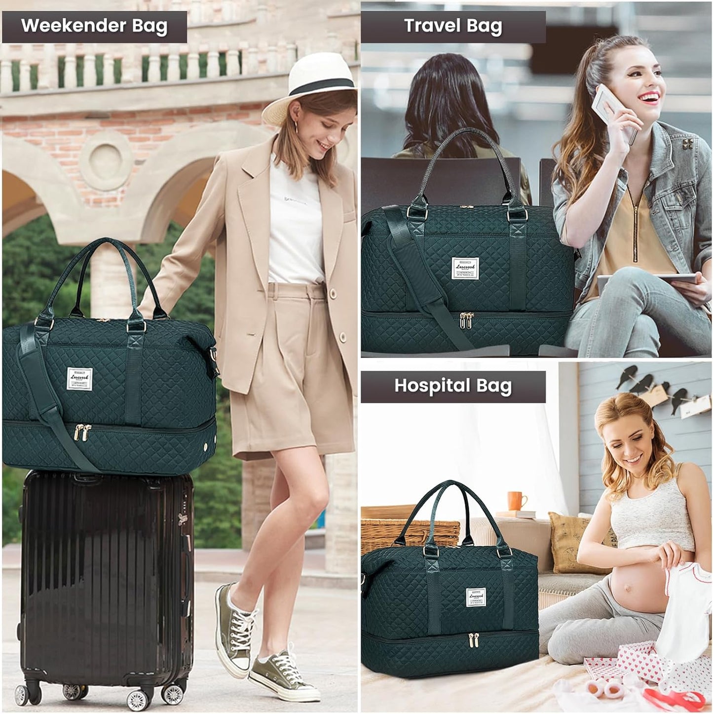 LOVEVOOK Travel Duffle Bag,Weekender Bags for Women with Shoe Compartment，Carry on Overnight Bag with Toiletry Bag,Gym Duffel Bag with Wet Pocket, Hospital Bags for Labor and Delivery