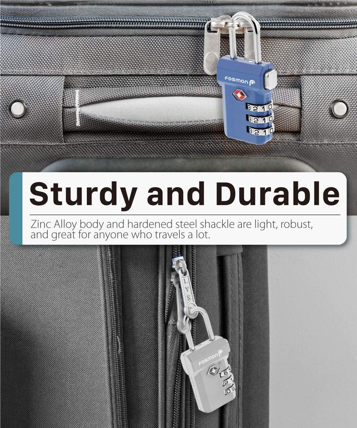 Fosmon TSA Approved Luggage Locks, Suitcase Travel Lock with Push Release Button for Extra Security, 3 Digit Combination Padlock for Gym Locker, Backpack Zipper Anti Theft, Gun Case - Blue, 2 Pack