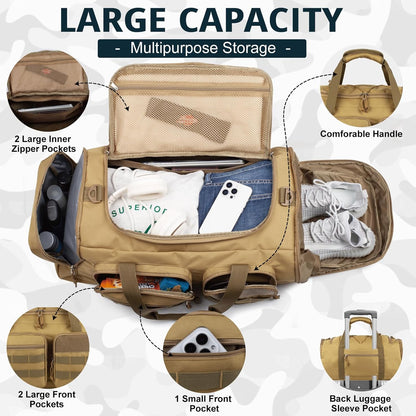 Tactical Gym Bag for Men，70L Large 3 in 1 Sports Duffle Bag with Shoes Compartment for Travel,Water Resistant Travel Backpack Weekender Overnight Bag with Wet Pocket for Women