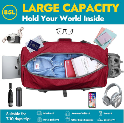 Canway 85L Travel Duffel Bag, Foldable Weekender Bag with Shoes Compartment for Men Women Water-proof & Tear Resistant