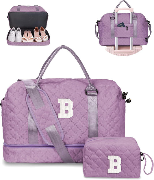 Gifts for Girls-Duffle Bag with Shoe Compartment, Personalized Weekender Bag, Overnight Bags for Women, Letter Travel Bag with Makeup Bag，Tween Girls Trendy Stuff Gift (Letter B)
