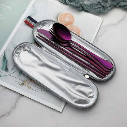 DEVICO Camping Utensils, Portable Travel Utensils with Case, Stainless Steel Reusable Silverware for Lunch Adult, 5Pcs Cutlery Set Includes Knife Spoon Fork Chopsticks and Case (Purple)