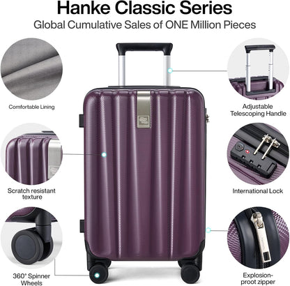 Hanke 20 Inch Carry On Luggage 22x14x9 Airline Approved Lightweight PC Hard Shell Suitcases with Wheels Travel Luggage Rolling Suitcase Travel Luggage Bag Christmas Gifts for Birthday （Purple）