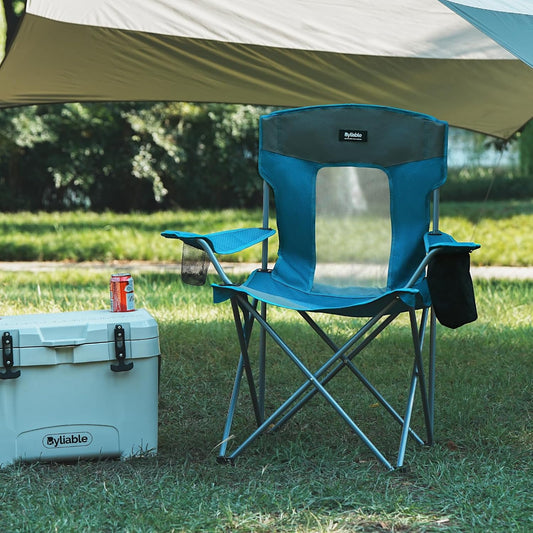Camping Folding Chair Outdoor Lawn Portable Lightweight Camp Folding Chairs for Adult Outside with Cup Holder, Cooler Pouch & Side Pocket for Camping, Beach, Fishing, Sports or Tailgating Events